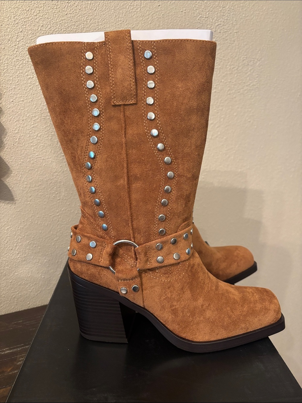 Madden NYC Women’s Tan Suede Studded Mid-Calf Heeled Boots